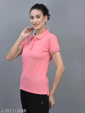 Pink cotton-blend polo neck t-shirt for women, short sleeves, solid color
