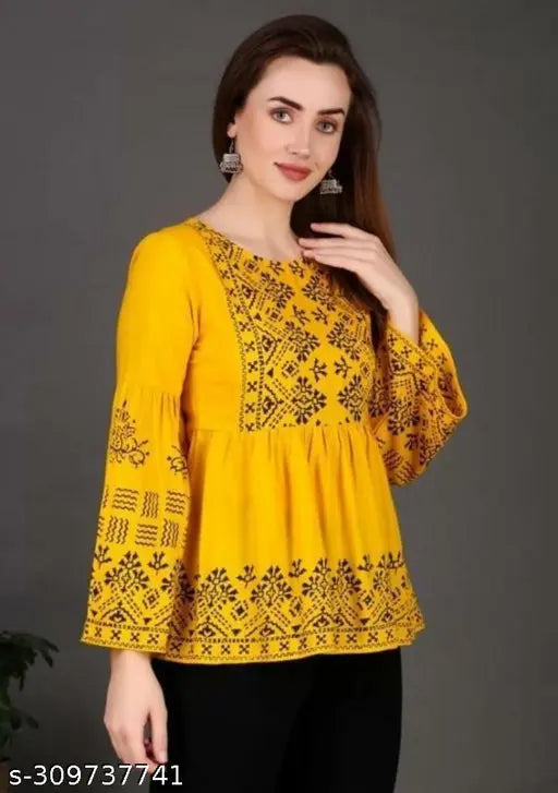 Yellow rayon printed tunic top with three-quarter sleeves, Indian style party wear for women