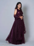 Jute Silk & Net Ruffle Lehenga Choli Set, embellished top in wine color with matching dupatta and padded blouse, Indian-inspired indo-western fashion