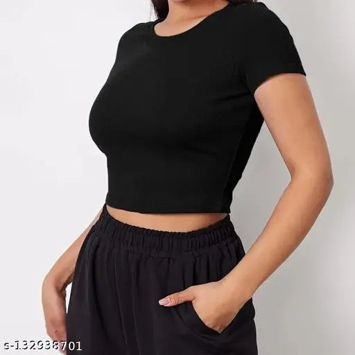 Black cotton blend crop top for women and girls, solid pattern, short sleeves, manufactured by RIVAEM Fashion and Accessories Private Limited