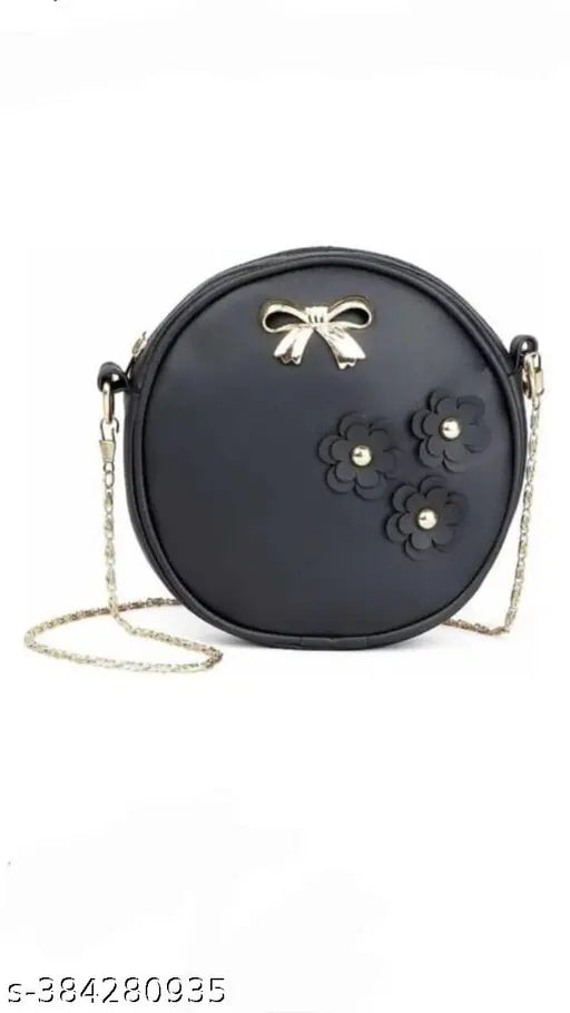 Sleek sling purse, black fabric with decorative flower button closure, 10 card slots, for ladies