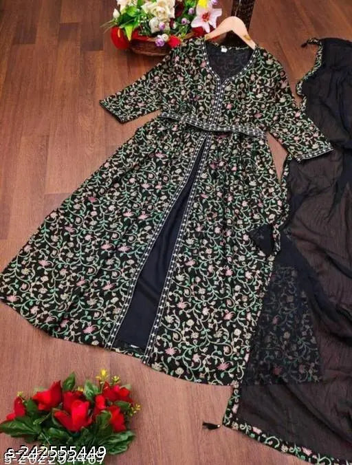 Rayon Anarkali Kurti & Dupatta set, printed couples combo. Three-quarter sleeves, L (Bust 40in), XXL (Bust 44in). Indian-made festive wear