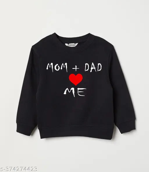 Kids black winter pullover with mom-dad print, cotton linen long sleeves, soft and body-friendly kids' clothing on display