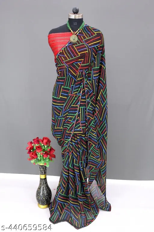 Multicolored stripe georgette saree for women, black color