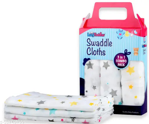 Organic muslin swaddle set of 3 (Multi Star), ultra soft cotton for mild winter, multipurpose usage as baby blanket, burp cloth, nursing cover & more, made in India