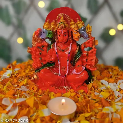 Handcrafted Panchmukhi Hanuman Ji resin idol, 6.5 inches tall for pooja, office decor, and gifting. Durable and easy to maintain spiritual centerpiece