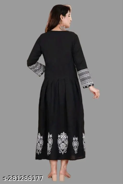 Black rayon embroidered Anarkali Kurta, long sleeves, M-XXXL sizes