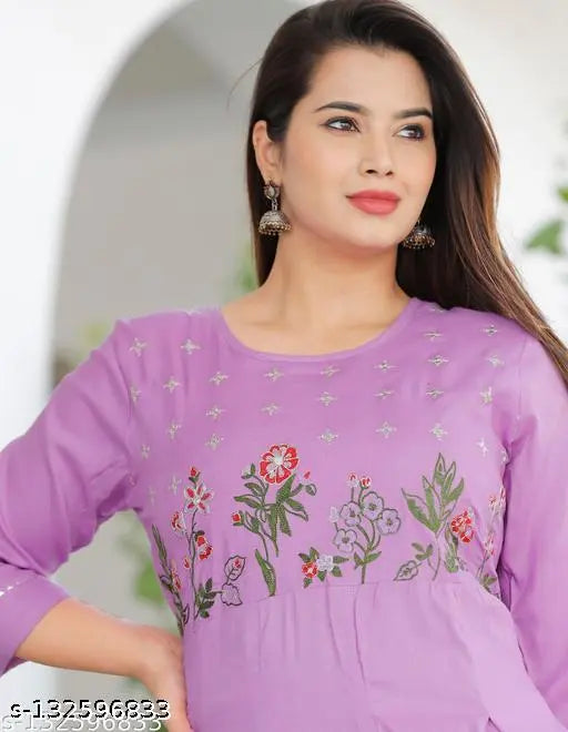 Embroidered rayon Anarkali Parpal kurti, three-quarter sleeves, Indian ethnic wear - M(38in, 47in), L(40in), XL(42in), XXL(44in)