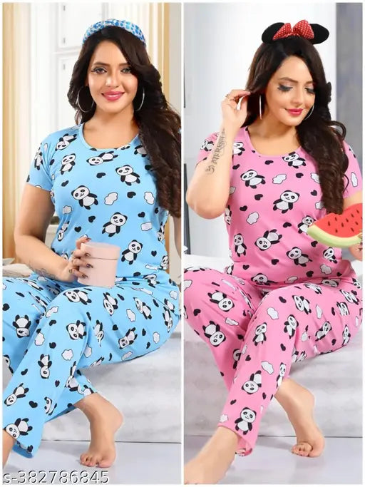 Panda print satin nightdress combo pack (women and girls), two-piece set featuring top and pyjama (short sleeves). Printed nightsuit for ladies and kids. Made in India
