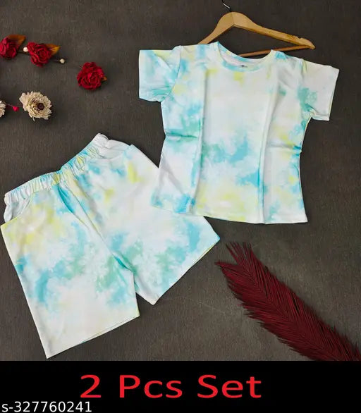 Affordable tie-dye polyester lycra top & shorts set for women, versatile evening/casual wear, vibrant color print