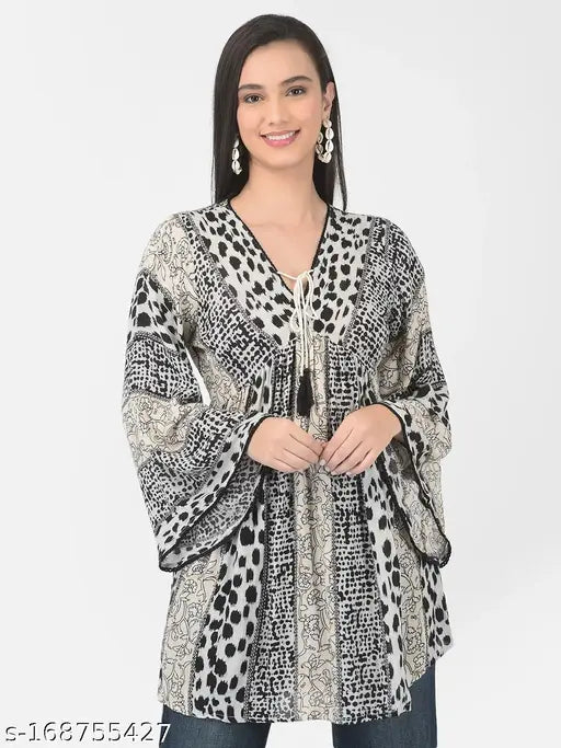 Black & White rayon crepe v-neck top with printed pattern, three-quarter sleeves, made in India