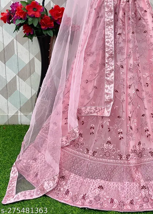 Art Silk embroidered net semi-stitched Lehenga, unstitched blouse with dupatta by Gopinath Handwork. Pink color, three-quarter sleeves, free size (waist 42 in, length 42 in, dupatta 2.5 in). Indian ethnic wear for women