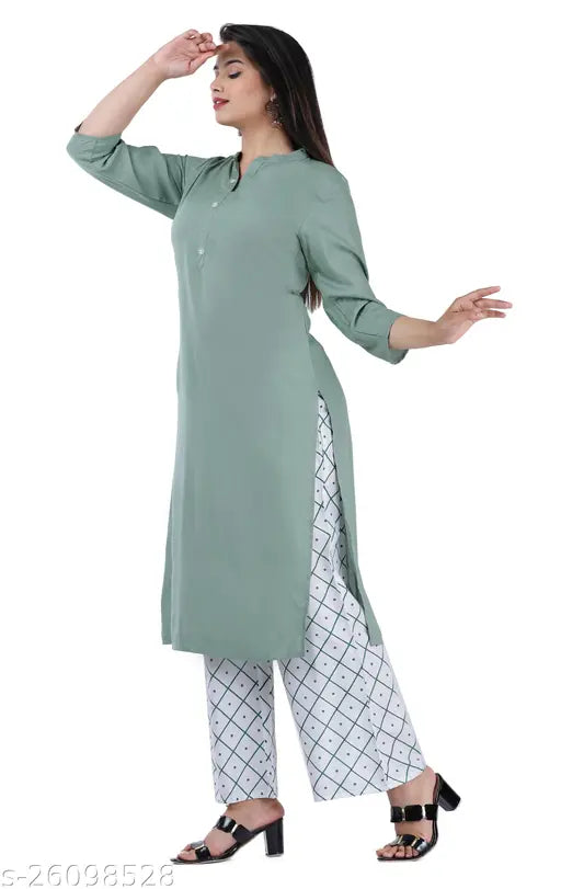 Rayon KuGreen Women's rta and Palazzo Set, solid net, three-quarter sleeves, various sizes available