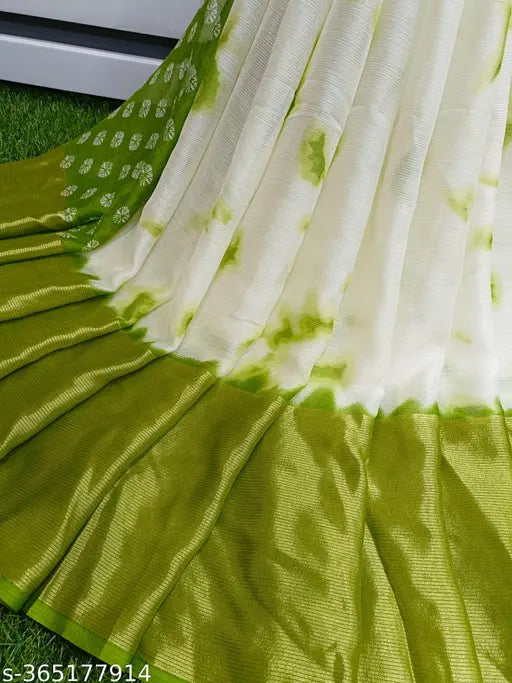 Brasso Moss Chiffon White Shiburi Print Saree - Soft, smooth, and premium quality Indian chiffon saree with contrast border and blouse, popular in South Indian states like Andhra Pradesh, Kerala, Tamil Nadu, and Karnataka