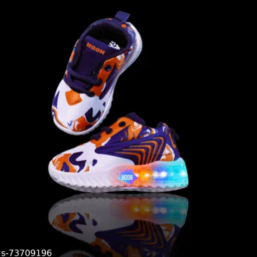 Textured synthetic Hooh Kids LED shoes, ideal for boys. Solid net pattern, velcro fastening, memory foam insole