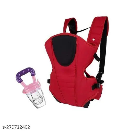 Red polyester net 3-in-1 adjustable sling baby carrier bag with carrying basket, convertible design for infant child and mother travel. Ergonomic for front and back use, sturdy shoulder straps & lumber straps for better support. Machine washable