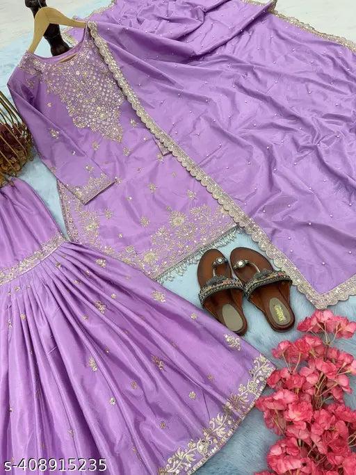 Purple, designer, party wear, wedding outfit, pure Chinon silk, churidar top with sequined border, matching plazzo and dupatta set