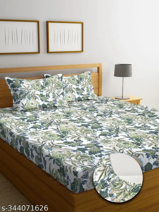 Tarain Collection Premium Glace Cotton double king size fitted sheets & pillow covers, botanical print, 230TC supersoft, ideal for summer