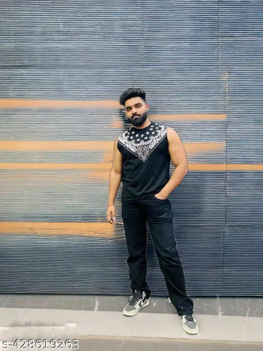 Sleeveless cotton t-shirt with Sandow Honey Singh design, vibrant print on Indian-made apparel