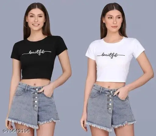 Cotton blend printed crop T-shirt for women (pack of 2), short sleeves, sizes S-XL