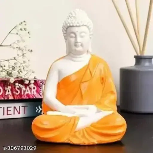 Orange poly resin Gautam Buddha meditation statue, 3 inch height by 5.5 inch length and 3.5 inch breadth, handcrafted in India