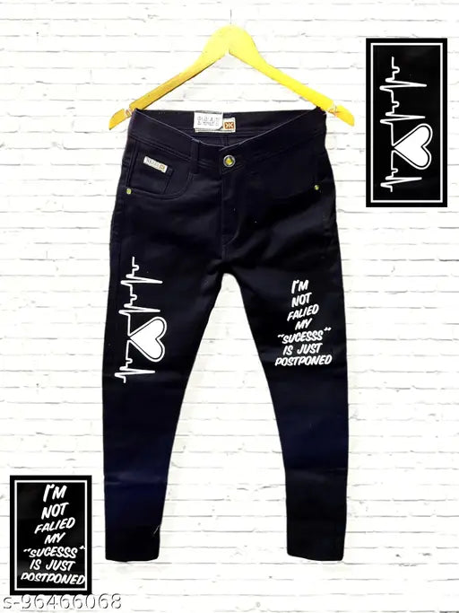 High-quality men's black heartbeat printed jeans with denim fabric and funky style. Washable print design on size 28/30/32, origin India