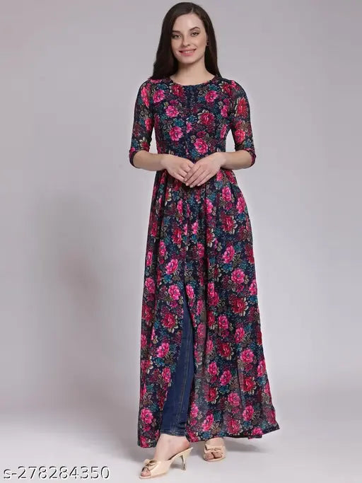 Black, floral print dress with long sleeves