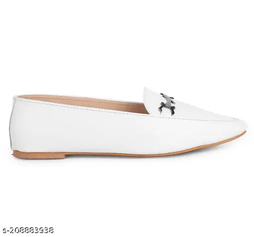 White synthetic Kiravi D-shaped flat loafers for women, slip-on design perfect for casual or formal western outfits. Available in sizes: IND-2, IND-4, IND-5, IND-6, IND-7, IND-8 (made in India)