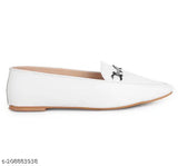 White synthetic Kiravi D-shaped flat loafers for women, slip-on design perfect for casual or formal western outfits. Available in sizes: IND-2, IND-4, IND-5, IND-6, IND-7, IND-8 (made in India)