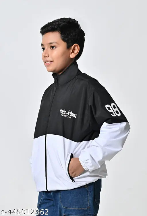 Black jacket with white stripes, hooded