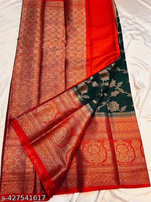 Georgette silk green and red saree, detailed paisley design on border, traditional geotgette zari work