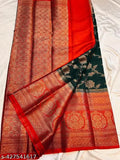 Georgette silk green and red saree, detailed paisley design on border, traditional geotgette zari work