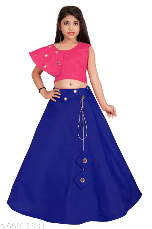 Handcrafted yellow-blue Indi Girls Lengha Choli Western wear, embellished with mirror work, sleeveless, cotton blend & taffeta silk, suitable for 2-14 years old, Indian ceremonies, dry clean only