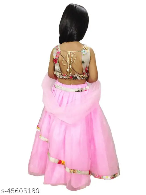 Digital pink silk lehenga, organza dupatta and blended choli for toddlers & kids (Sleeveless, solid pattern, stitched net), various sizes available (from 6 months to 13-14 years old)