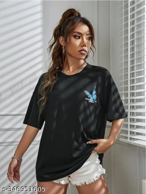 Black cotton half sleeve women's round neck oversized T-shirt trendy butterfly print casual loose fitting tee