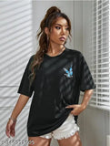 Black cotton half sleeve women's round neck oversized T-shirt trendy butterfly print casual loose fitting tee