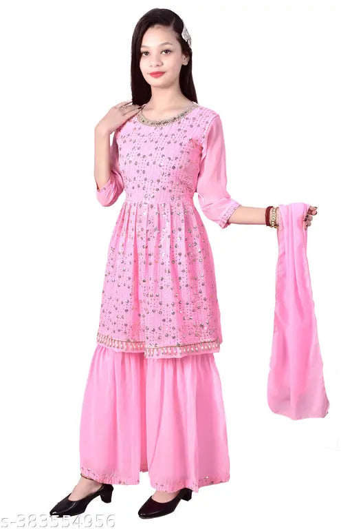 Pink Georgette Sharara Set, embellished A-line top with three-quarter sleeves, traditional yet modern girls' wear for festive occasions or weddings