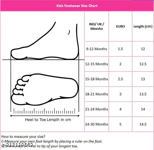 Polka dot baby shoes in white on a shoe size chart, UK/EURO length sizes 9-12 months