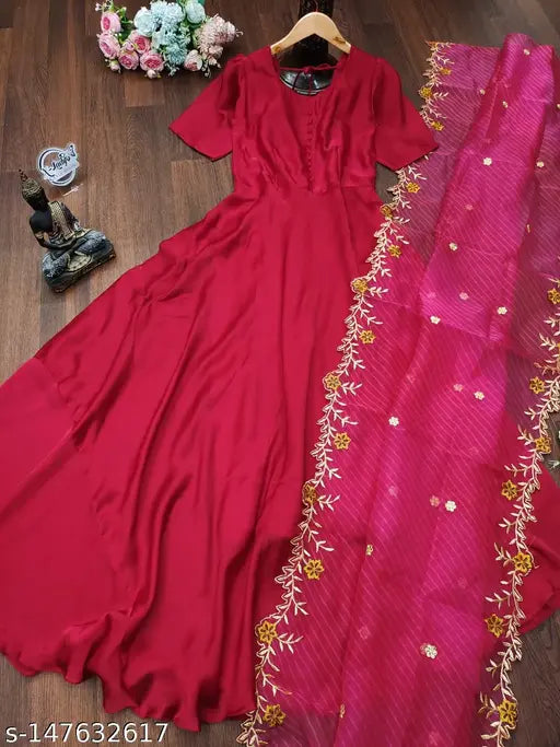 American Blues Fensy Gown with Georgette Dupatta, featuring digital embroidery. Indian maxi dress with short sleeves and flare, made for casual dressing