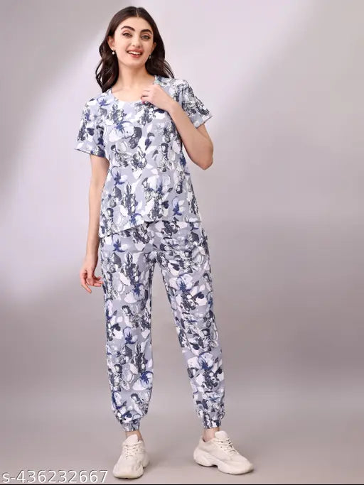 Grey cotton blend night suit set with printed design, perfect for ladies nightwear and sleepwear