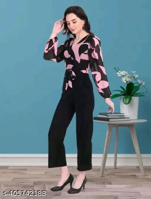 Georgette retro jumpsuit for women, printed net pattern, long sleeves, India-origin fashion wear