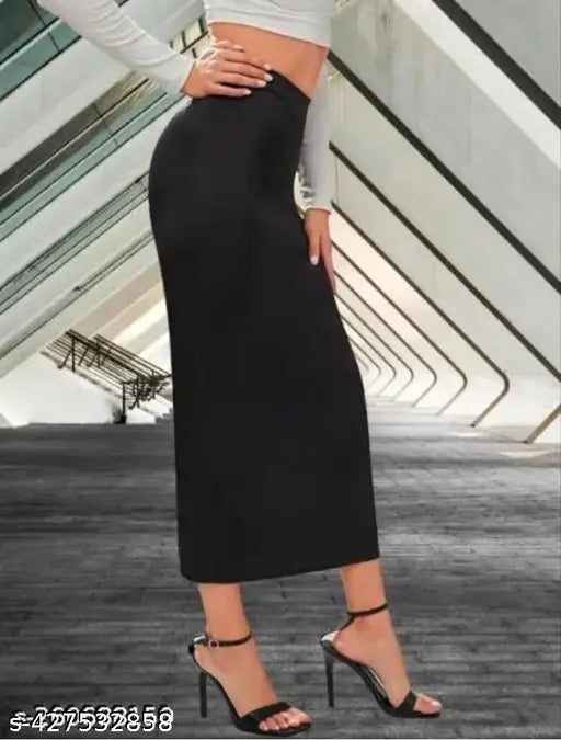 Black high-waisted midi skirt, elastic waistband, side slit below knee length