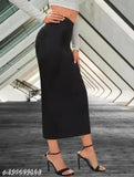 Black high-waisted midi skirt, elastic waistband, side slit below knee length