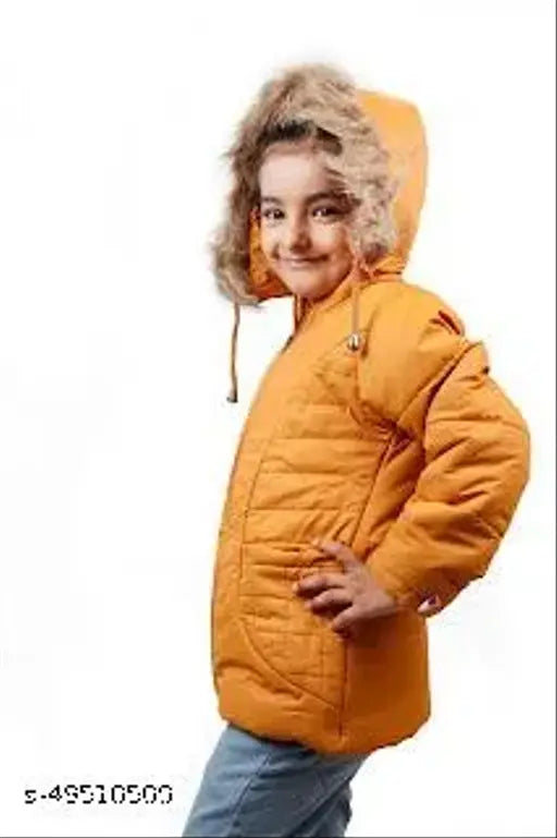Solid nylon puffer jacket by JayKon, mock collar with hoodie cap, 2 pockets, zip closure, long sleeves, fur lining. Children's size 4-5 years (20in length, 13in waist, 15in hip). Made in India