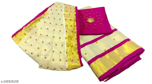 Keralan Rose Unstitched Kasavu Beads Embellished Dhavani Set, Art Silk top with pleated cotton dupatta and cotton bottom, embellished in 19 different shades
