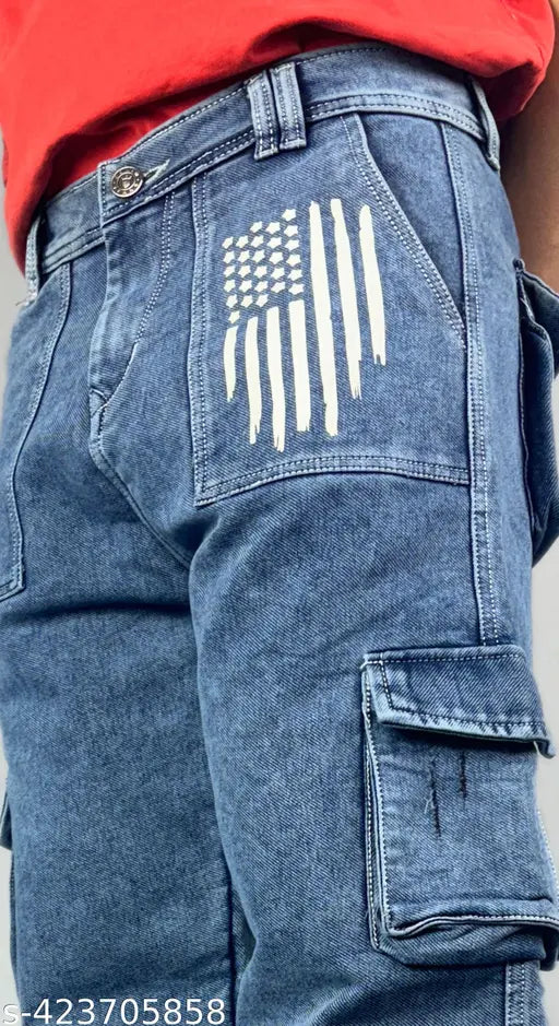 Blue printed baggy cargo jeans for men - Denim, eye-catching prints, multiple pockets, versatile style, casual fashion, modern twist on traditional cargo design, size 28/30/32/34/36 (Waist 28in, 30in, 32in, 34in, 36in, Hip 31in, 33in, 35in, 37in, 39in), made in India