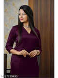 Rayon wine V-neck long kurta pant set for women, trending fashionable traditional Indian attire in solid net color
