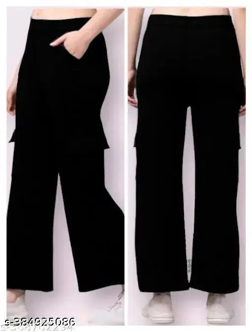Black high-rise cargo pants with a slanted inset pocket, featuring a patch with a flap on the back. Suitable for casual or formal wear, these straight-fit stretchable trousers offer relaxed comfort