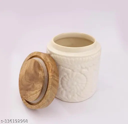 Hand painted ceramic kitchen storage jars, set of 2 with wooden lids