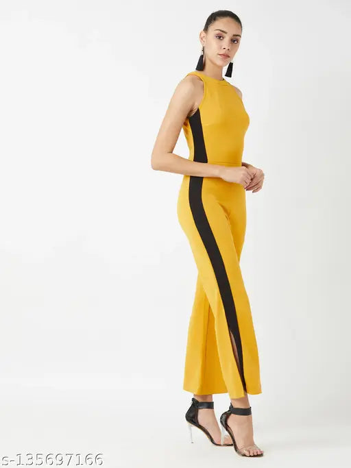 Multicolor polyester jumpsuit with mustard and black knit, solid halter neck, sleeveless design, India-made